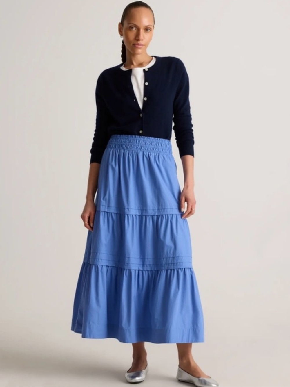 Quince 100% Organic Crisp Cotton Poplin Smocked Waist Blue Tiered Maxi Skirt L